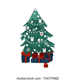 Stylish decorated Christmas tree and pile, heap of present boxes, flat style vector illustration isolated on white background. Flat style Christmas tree and many present boxes