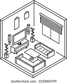 Stilvoll dekorierte Sitzen rund um einen Fernsehsatz Konzept Vektorsymbol-Design, platzsparende Skizze, Innendekorationszeichen, tragbare Heimbüros Stock-Illustration