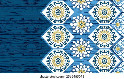 Stylish Decorative Border with Floral and Mandala Patterns on Distressed Wood Background