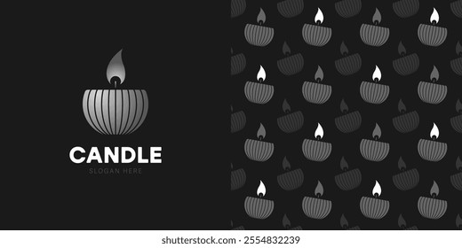 Stylish decorative candle on black background. Sign or logo template. 