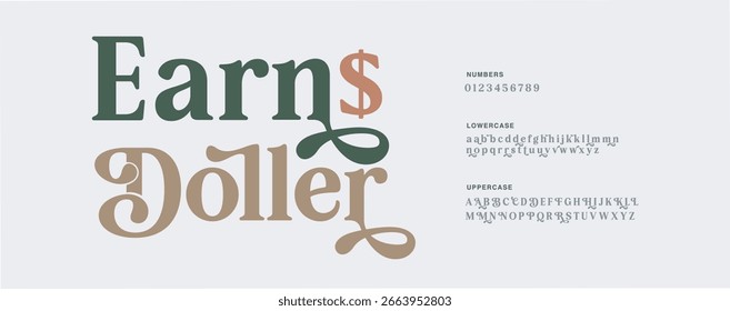 Stylish Decorative Font Design with Earn Dollar Text and Alphabet Set. Typography luxury classic lettering serif font, logos, design for advertisement, business, banner etc. Vector Design
