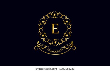 Stylish decorative monogram with a possible inscription and the letter E. Exclusive gold logo on a dark background for a cafe, a symbol of business, restaurant, hotel, invitations, menus, labels, fash