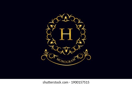 Stylish decorative monogram with a possible inscription and the letter H. Exclusive gold logo on a dark background for a cafe, a symbol of business, restaurant, hotel, invitations, menus, labels, fash