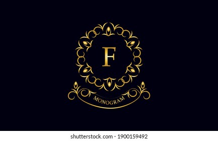 Stylish decorative monogram with a possible inscription and the letter F. Exclusive gold logo on a dark background for a cafe, a symbol of business, restaurant, hotel, invitations, menus, labels, fash