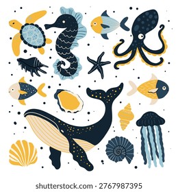Stylish Deep Sea Animals Set with Gold Accents and Ocean Creatures