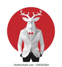 Stylish deer in black suit. Japan flag background.Glasses.