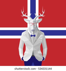 Stylish deer in black suit. Norway flag background.Glasses.