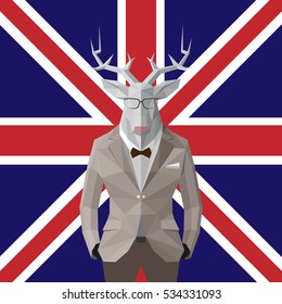 Stylish deer in black suit.English flag background.Glasses.