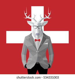 Stylish deer in black suit.Switzerland flag background.Glasses.