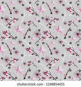 Stylish, delicate, romantic, fashionable, pattern with small elements of plants on a Gray background. Seamless vector. A variety of drawn flowers and seeds, in pink, white, black and burgundy. 