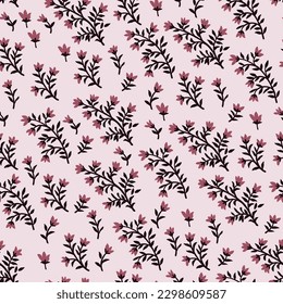 Stylish, delicate, romantic, fashionable pattern with small elements of plants on a pink background. Seamless vector. A variety of painted burgundy flowers and on black twigs.