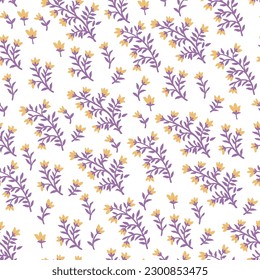 Stylish, delicate, romantic, fashionable pattern with small elements of plants on a light background. Seamless vector. Lots of yellow flowers on purple twigs.