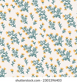 Stylish, delicate, romantic, fashionable pattern with small elements of plants on a light background. Seamless vector. Lots of yellow flowers on green twigs.
