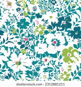 Stylish, delicate, romantic, fashionable pattern with white silhouettes of plants on a green background. Seamless vector with a variety of flowers and leaves.