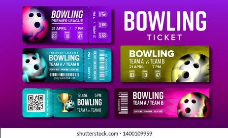 Stylish Design Bowling Game Tickets Set Vector. Different Collection Of Tickets Decorated Gaming Equipment, Qr And Bar Codes And Venue Details. Colorful Flyers Realistic 3d Illustration