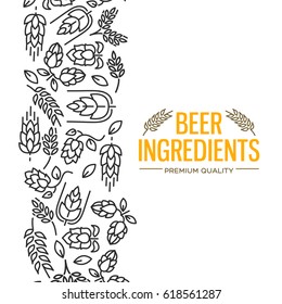 Stylish design card with images to the left of the yellow text beer ingredients of flowers, twig of hops, blossom, malt vector illustration