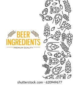 Stylish design card with images to the right of the yellow text beer ingredients of flowers, twig of hops, blossom, malt vector illustration