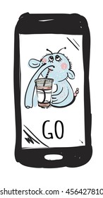 Stylish design card or poster. Funny monster on smartphone screen. Augmented reality game concept.