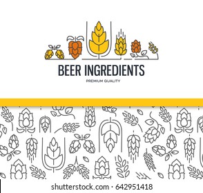 Stylish design collection with two field with malt seamless pattern and with the text beer ingredients with twig of hops, blossom, malt vector illustration