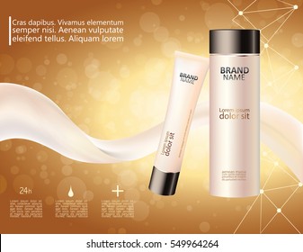 Stylish design cosmetic bottles. Face Care, tonal cream. On Gold background. Abstract vector Illustration. Advertising. EPS 10