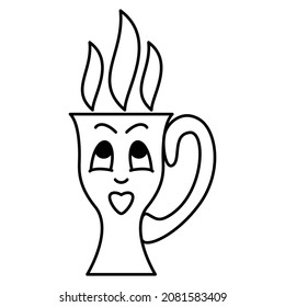 Diseño elegante para una taza con una bebida y una chimenea. Una cara con emoción. Icono del vector, contorno, aislado. Trazo editable.