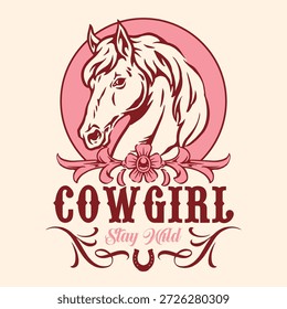 Un diseño elegante con la cabeza de un caballo rodeado de Elementos florales. Las letras en negrita deletrean a la vaquera transmitiendo un sentido de espíritu occidental y aventura.