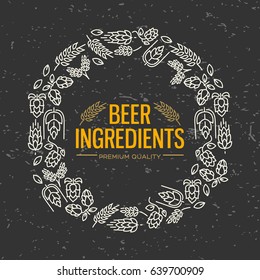 Stylish design figured frame with white icons of flowers, twig of hops, blossom, malt around the text beer ingredients in the centre on the black background vector illustration