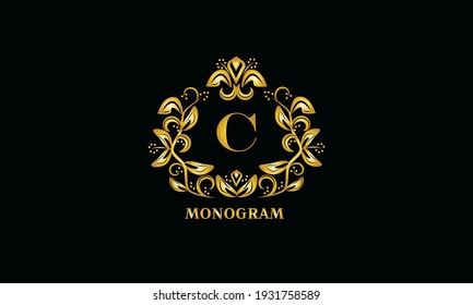 Stylish design for invitations, menus, labels. Elegant gold monogram on a black background with the letter C. The logo is identical for a restaurant, hotel, heraldry, jewelry.