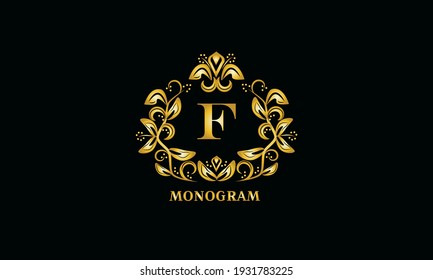 Stilvolles Design für Einladungen, Menüs, Etiketten. Elegantes goldenes Monogramm auf schwarzem Hintergrund mit dem Buchstaben F. Das Logo ist identisch für ein Restaurant, Hotel, Heraldry, Schmuck.