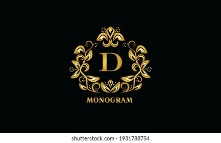 Diseño elegante para invitaciones, menús, etiquetas. Elegante monograma dorado sobre fondo negro con la letra D. El logotipo es idéntico para un restaurante, un hotel, una heráldica y joyas.
