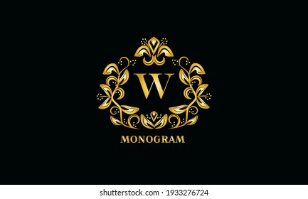 Stylish design for invitations, menus, labels. Elegant gold monogram on a dark background with the letter W. The logo is identical for a restaurant, hotel, heraldry, jewelry.