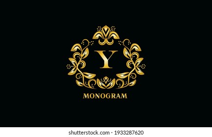 Stilvolles Design für Einladungen, Menüs, Etiketten. Elegantes goldenes Monogramm auf dunklem Hintergrund mit dem Buchstaben Y. Das Logo ist identisch für ein Restaurant, Hotel, Heraldry, Schmuck.