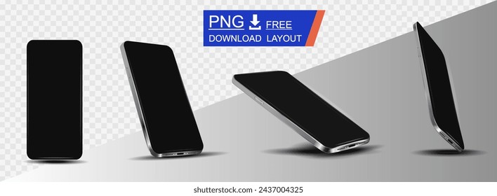 Stylish design of new model of modern smartphone. Presentation of thin metal smartphone from different angles. Device mockup with black blank screen. UX template for promotion and advertising