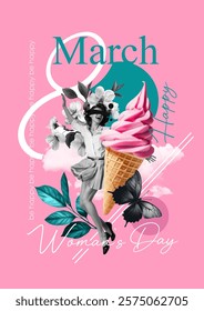 Stylish design on March 8, International Women's Day. Paper photo collage for greetings, postcards or posters. Beautiful woman, flowers, leaves, ice cream, butterfly. Modern spring template.