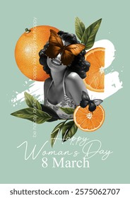 Stylish design on March 8, International Women's Day. Paper photo collage for greetings, postcards or posters. Beautiful woman, leaves, butterflies and oranges. Modern spring template.