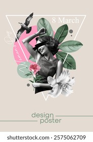 Stylish design on March 8, International Women's Day. Paper photo collage for greetings, postcards or posters. A beautiful woman, flowers, leaves, a seagull bird. Modern spring template.