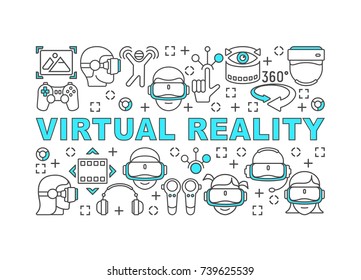 Stylish design poster with virtual reality icon images and blue text. Vector illustration.
