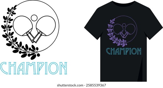 Stylish design print t-shirt. Ping pong rackets inscription champion