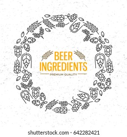 Stylish design round frame with icons of flowers, twig of hops, blossom, malt around the words beer ingredients in the centre vector illustration