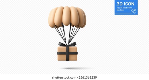 A stylish design showcases a brown gift box adorned with a black ribbon, gently descending from above with a parachute. The illustration brings a creative touch to the concept of delivery.