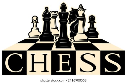 Stylish design template made of white and black chess pieces arranged on a chessboard. Set of elements for design.