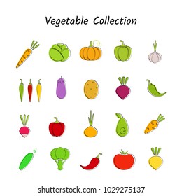 Stylish design vegetable icon set with black contour on white backdrop. Vector illustration with set of green, red and yellow fresh vegetables for healthy diet nutrition banner or organic market logo