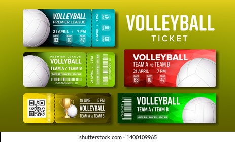 Stylish Design Volleyball Tickets Flyer Set Vector. Collection Of Colorful Bright Tickets With Playing Ball And Information Of Gate, Raw And Seat. Modern Coupons Realistic 3d Illustration