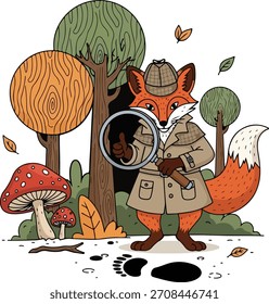 Stylish detective fox standing in a forest with trees and mushrooms, wearing a coat and holding a magnifying glass. Great for storybooks, adventure themes, kids’ illustrations, and character design.