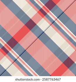 Stylish diagonal plaid pattern in coral, gray, and cream.  Perfect for textile design, fashion, or website backgrounds.  This vibrant yet subtle texture adds a touch of modern elegance.