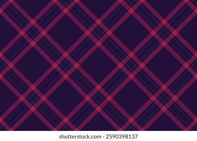 Stylish diagonal plaid pattern in deep purple and pink hues.  Perfect for textile design, apparel, website backgrounds, or packaging.