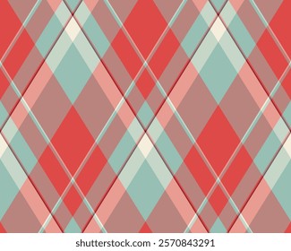 Stylish diagonal plaid pattern in muted coral, teal, and beige tones. Perfect for website backgrounds, textile designs, or fashion-related projects.  Offers a modern, sophisticated aesthetic.