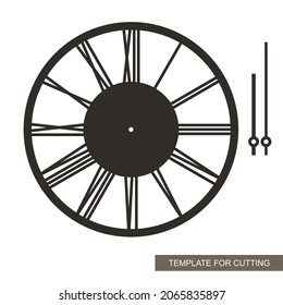 Stylish dial with Roman numerals. Wall clock with arrows in the loft style. Simple design, minimalism. Vector sample for plotter laser cutting of paper, plastic, wood carving, metal engraving, cnc. 