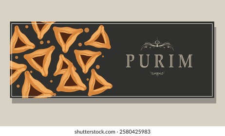 A stylish digital banner for Purim featuring golden Hamantaschen cookies scattered on a dark background with decorative typography symbolizing the Jewish holiday