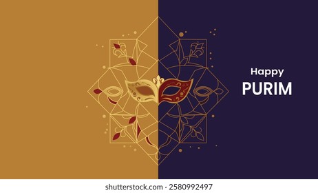 A stylish digital banner for Purim featuring an elegant decorative mask with intricate golden patterns on a split gold and dark blue background symbolizing the festive Jewish holiday